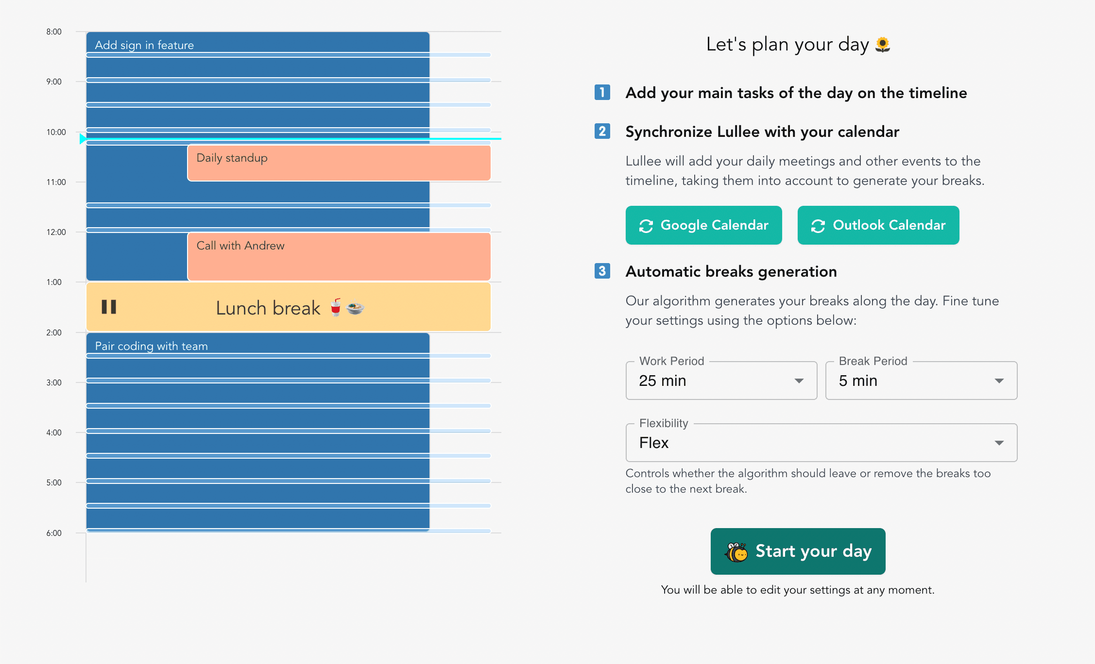 A screenshot of Lullee app, showing the timeline on the left side of the screen and the instructions on the right.